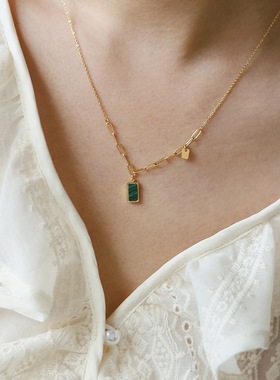 钛钢项链 复古孔雀绿方牌项链女百搭锁骨链小众简约气质配饰品