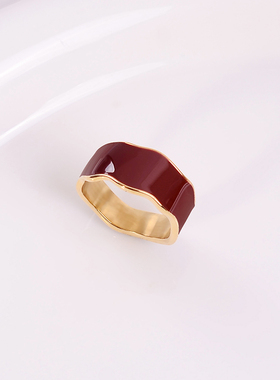 钛钢戒指 复古珐琅红色滴釉戒指女小众设计高级指环食指戒不褪色