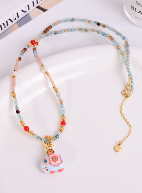 铜合金项链 珐琅双面大象项链女串珠高级感时尚复古锁骨链新中式