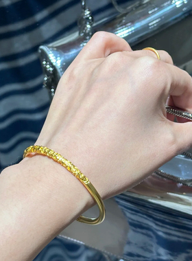 铜合金手镯 新中式卷草纹手镯女素圈实心闭口唐草纹镯子百搭手环