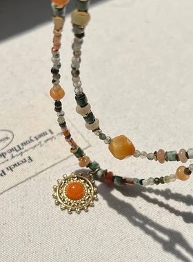 钛钢项链 新中式国风彩色串珠项链女叠戴锁骨链夏度假旅游配饰