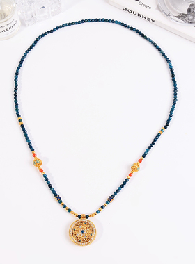 铜合金项链 新中式蓝色八宝罗盘项链女串珠高级感毛衣链烧蓝配饰