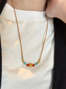 铜合金项链 八方来财圆球项链女可调节长度编织绳新中式配饰轻奢