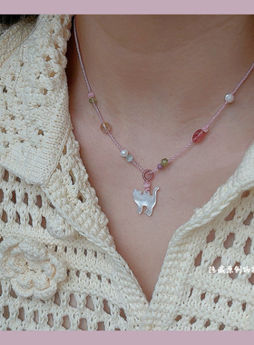 【猫咪花园】原创贝壳猫咪彩色串珠极细手工编织项链小众甜美礼物