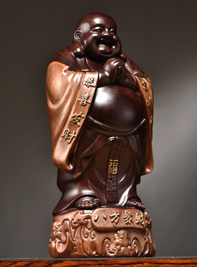 适用黑檀木雕弥勒佛像摆件新中式实木八方笑佛家居客厅装饰送礼工