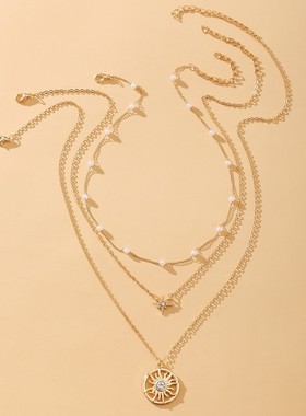 Sun Pendant clavicle chain retro pearl multi-layer Necklace