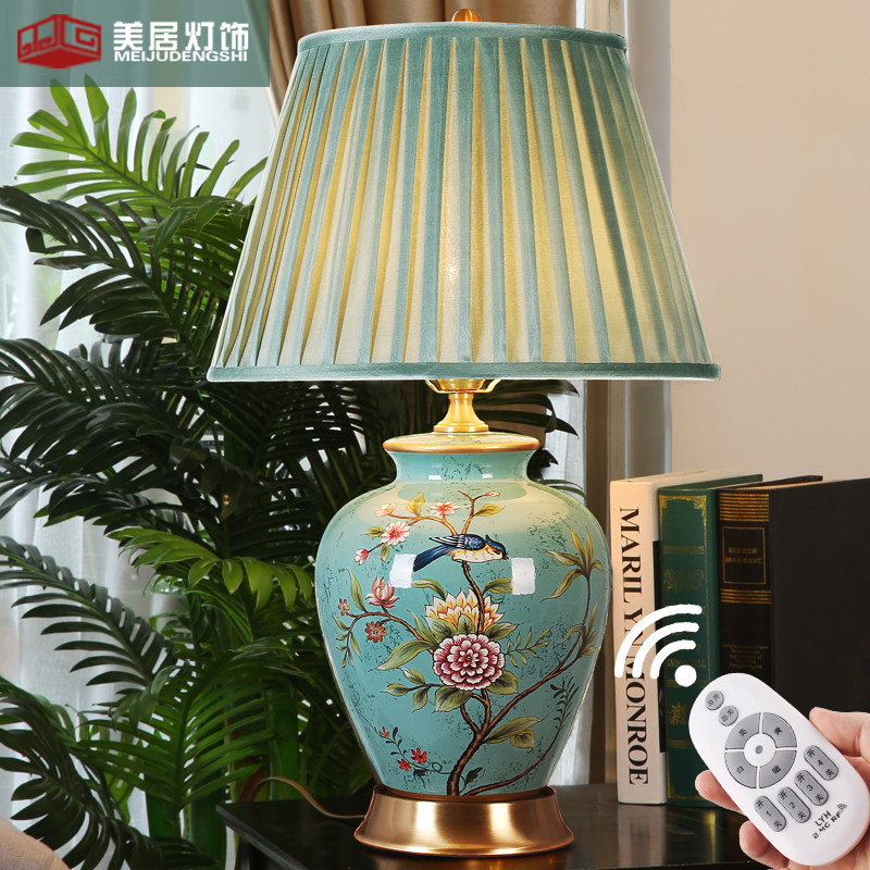 美式台灯全铜彩绘陶瓷客厅卧室床头灯兰绿色复古花鸟遥控中式创意_虎窝淘