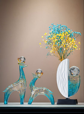 创意水晶球琉璃福鹿花瓶轻奢摆件