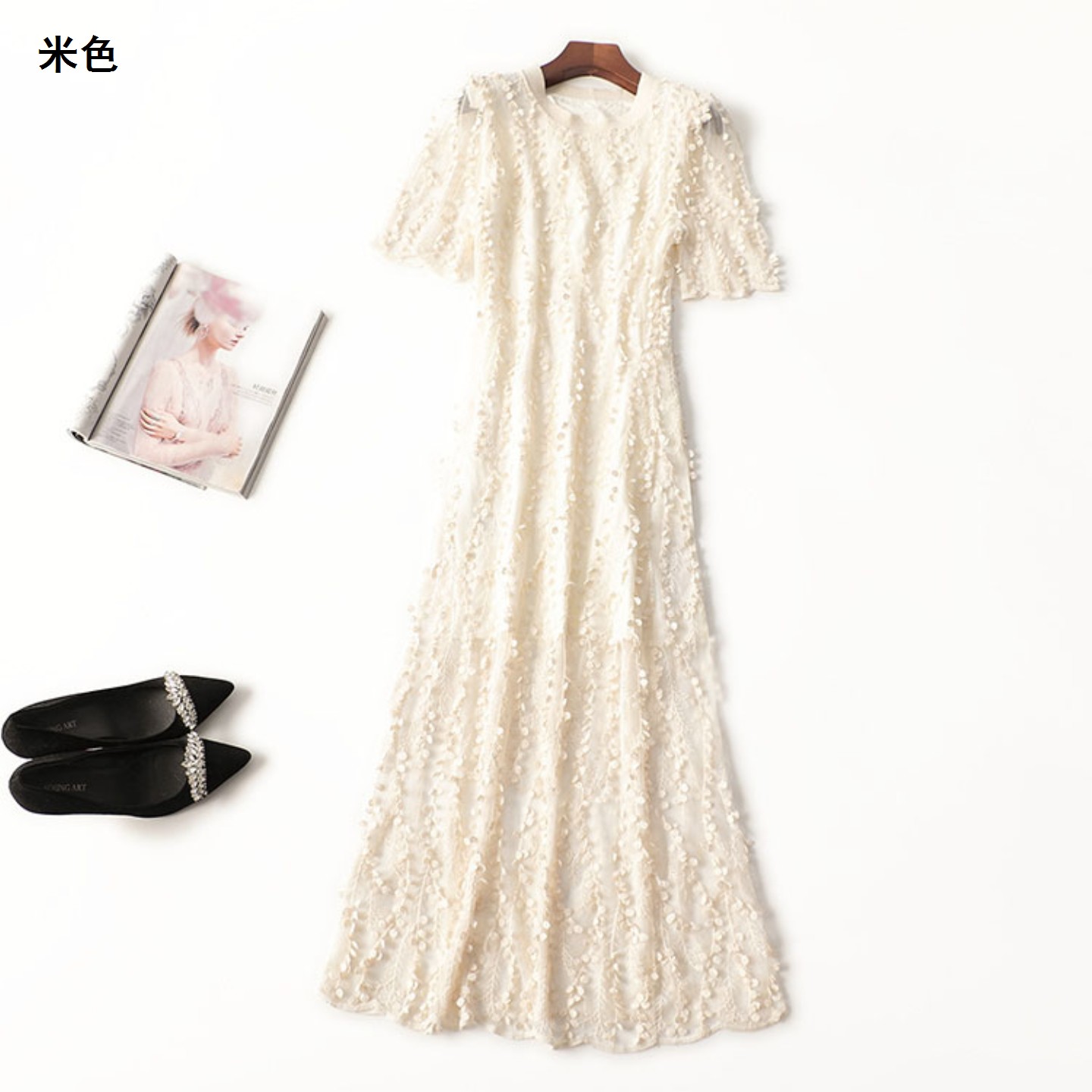 410921 夏连衣裙 女绣花加长款短袖圆领 - 图0