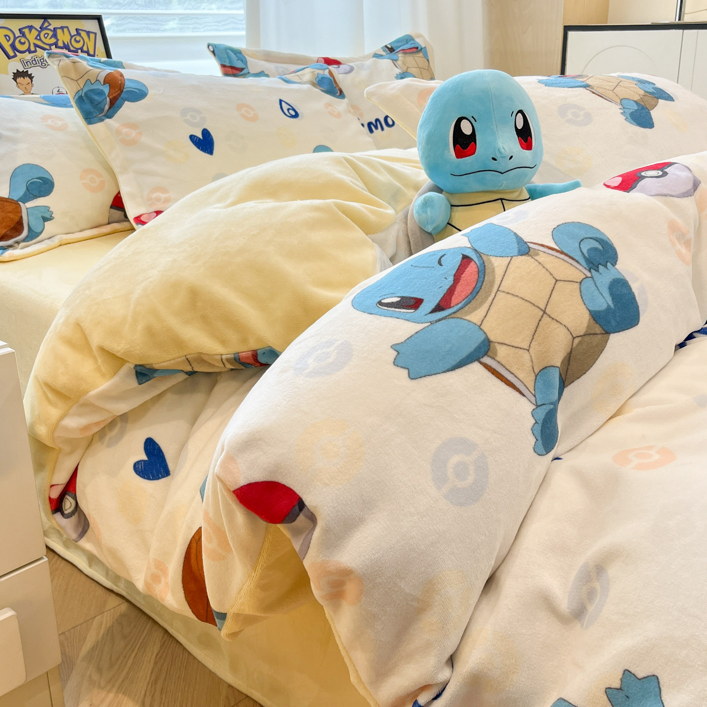 杰尼龟牛奶绒床上四件套宝可梦冬季加绒被套可爱学生床单人三件套,淘宝优惠券,粉丝福利购,淘宝优惠卷