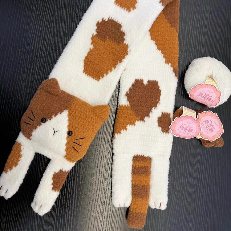 手工编织可爱三花猫妹妹围巾自织秋冬围脖毛线钩针diy材料包礼物