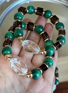 天然水晶手链茶水晶孔雀石白水晶手串设计款礼物饰品生日女