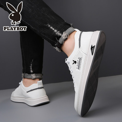 花花公子男鞋2025新款真皮透气镂空休闲皮鞋运动板鞋一脚蹬小白鞋 - 图2
