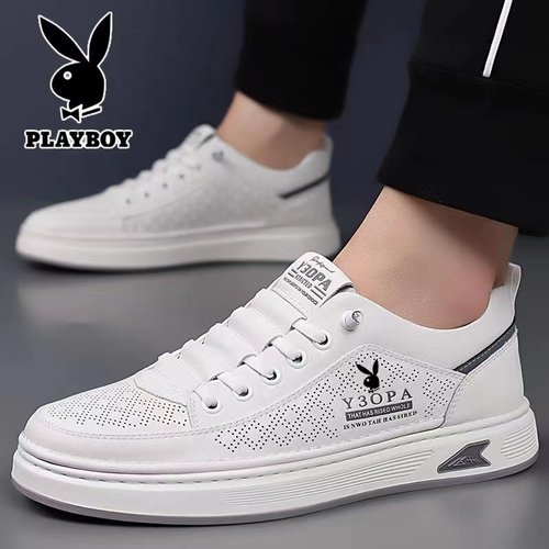 花花公子男鞋2025新款真皮透气镂空休闲皮鞋运动板鞋一脚蹬小白鞋 - 图1