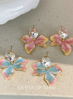 撞色滴油锆石花朵耳钉女度假风新款温柔高级感独特漂亮耳耳环耳饰
