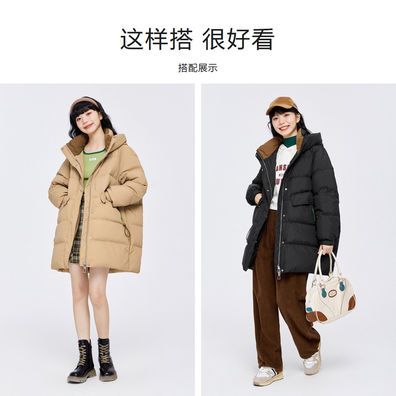 森马羽绒服女中长款oversize撞色连帽清仓冬季厚鸭绒外套复古潮酷-图2