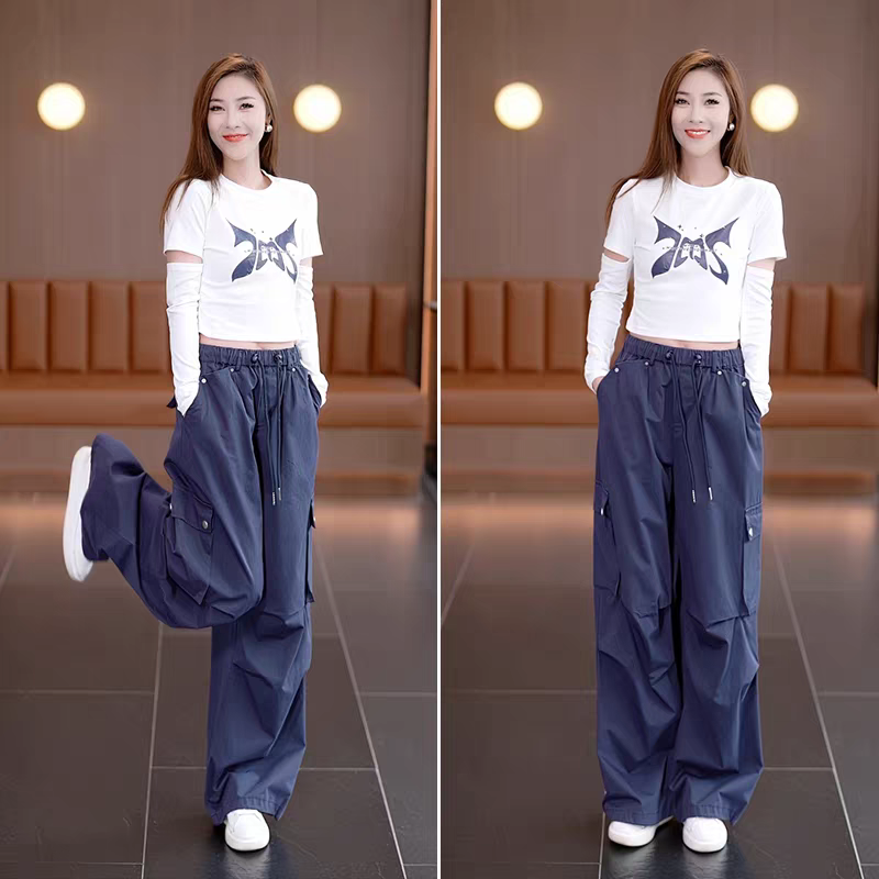 火龙果工装裤休闲套装女秋季T恤爵士舞潮炸街酷飒风裤子两件套,淘宝优惠券,粉丝福利购,淘宝优惠卷