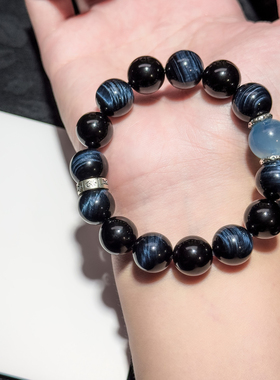 天然黑曜石海蓝宝手链手串情侣