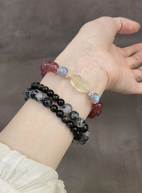 黑发晶金曜石银双层情侣锦鲤手链