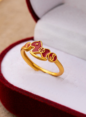 小众指环金色酒红珐琅马上有钱