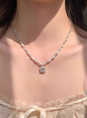 锆石方糖珍珠项链轻奢小众锁骨链