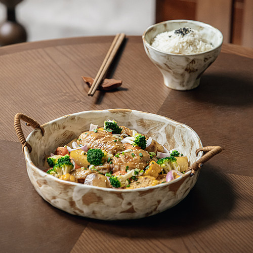 巷子尾〖怀旧手工粗陶〗防烫麻绳双耳碗复古深盘乔迁新居碗水果碗 - 图0