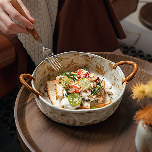 巷子尾〖怀旧手工粗陶〗防烫麻绳双耳碗复古深盘乔迁新居碗水果碗 - 图1