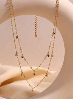 欧美小众个性简约爆款项坠不锈钢镀18K金白色绿色锆石夹珠项链女