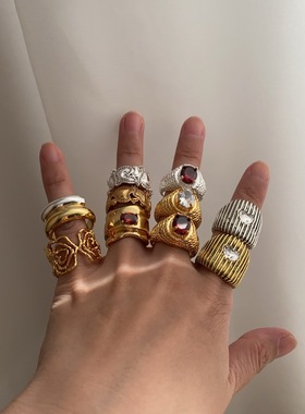 欧美公主宫廷风黄金色戒指小众戒环点钻首饰高级百搭气质个性