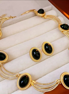 中古vintage耳环 银针复古黑色椭圆金属耳钉大气高级感耳饰女批发