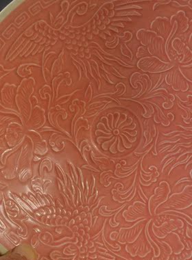 仿古瓷器 复古做旧南宋风格 定窑粉红釉凤凰纹碟 碗盘 古董古玩