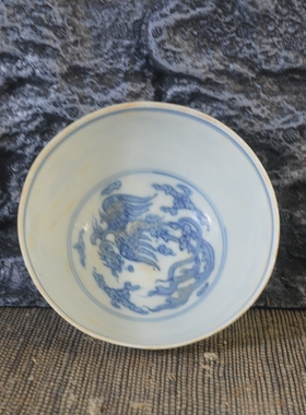 仿古瓷器 复古做旧明成化风格 青花双凤纹瓷碗 古董古玩摆件收藏