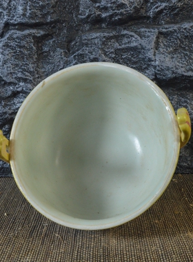 仿古瓷器 复古做旧明成化风格 黄地灵芝纹三足炉 香炉 古董古玩