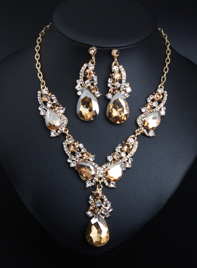 欧美首饰 气质宝石短款锁骨项链晚宴套装女夸张时尚高档配饰品