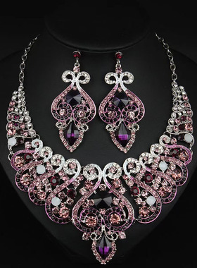 欧美时尚彩色水钻宝石锁骨项链耳环两件套女民族风礼服演出配饰品