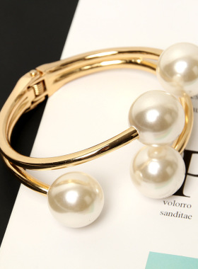 欧美流行双层珍珠不对称开合手镯