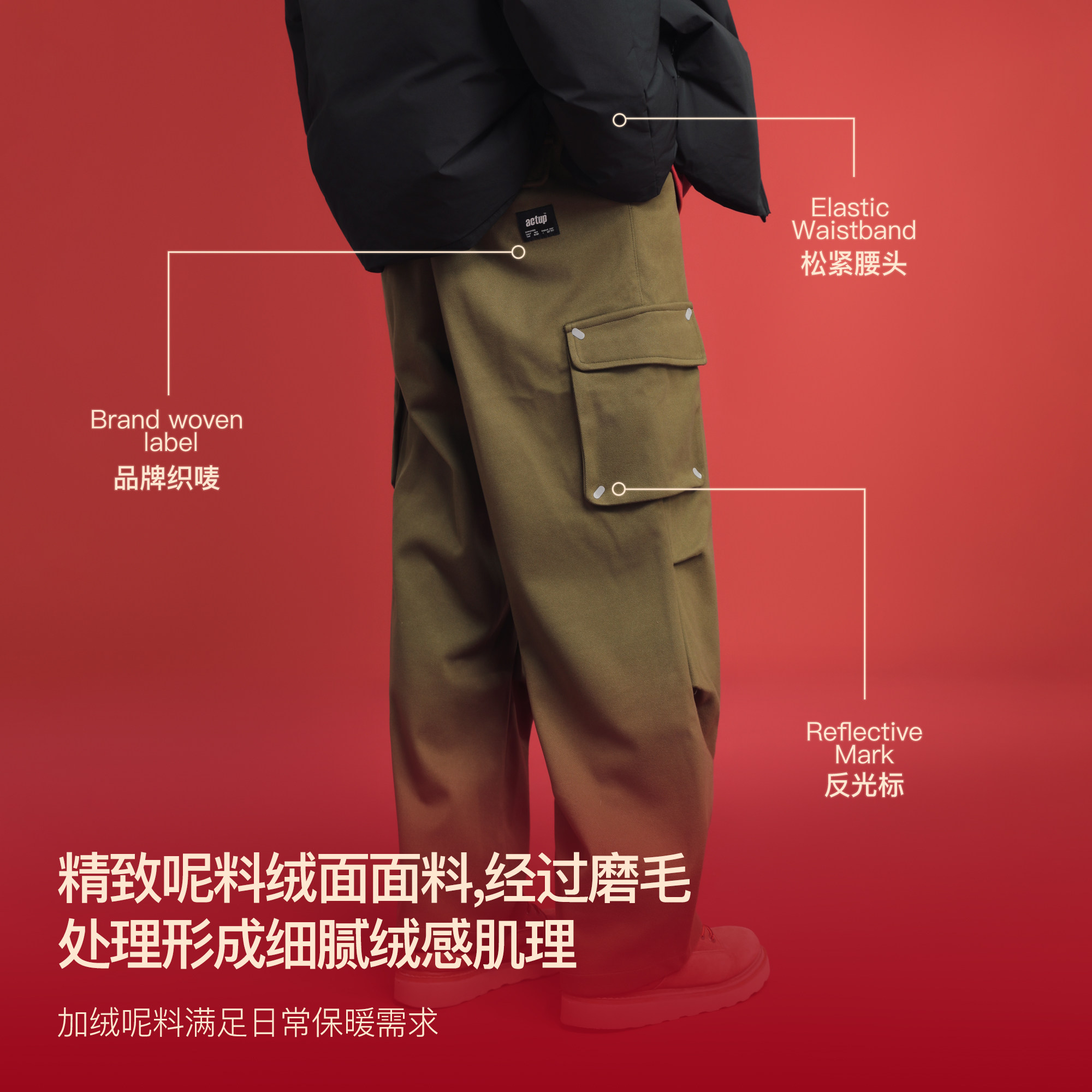 吕小虎ACTUP 冬季美式复古工装休闲裤男保暖毛呢长裤宽松直筒裤子,淘宝优惠券,粉丝福利购,淘宝优惠卷