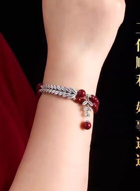 天然朱砂新中式男女情侣款岁岁平安手链女朱砂手串镀银麦穗中国风