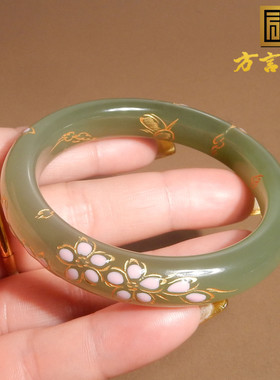 方言和田玉黑山产山料冰底湖水绿景泰蓝55mm精品时尚手镯X3