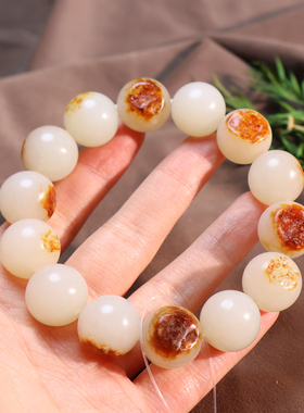 红沁皮暖白玉籽料16mm圆珠手串