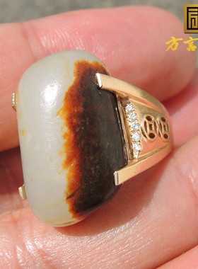 方言聚枣红皮高白无结构羊脂白玉独颗籽料18K金镶玉豪华精品戒指F