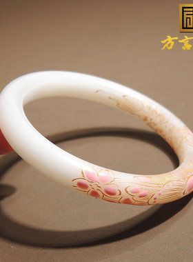 惊呆了方言和田玉青海料羊脂白景泰蓝工艺桃花粉描金卡58mm手镯h0