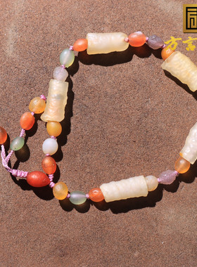 美美哒方言和田玉精品阿拉善戈壁玛瑙包浆管状多彩DIY豪华手串O