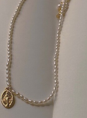 原创博主ins风轻奢美产14k包金淡水珍珠圆牌项链锁骨链女