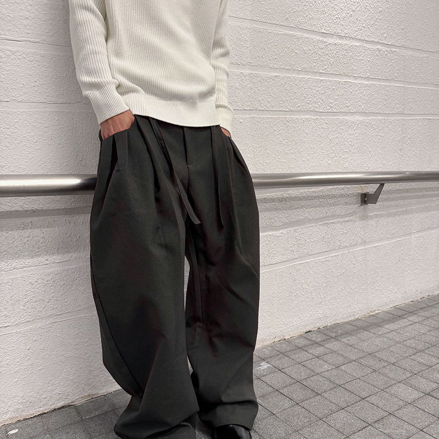 JROLLEN 高级简约立体压褶设计感阔腿西裤可拆卸腰带休闲A字长裤 - 图0