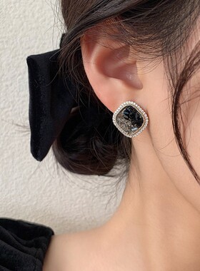 法式复古黑色水晶锆石方形耳钉女