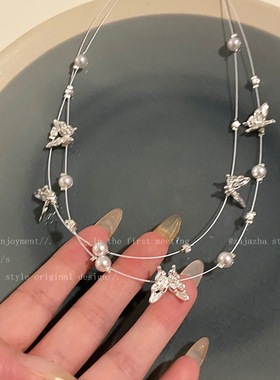 双层珍珠蝴蝶锁骨链女ins