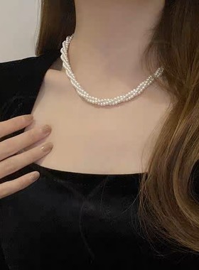 三层玻璃珍珠项链女轻奢小众高级设计感多层麻花锁骨链闺蜜颈链