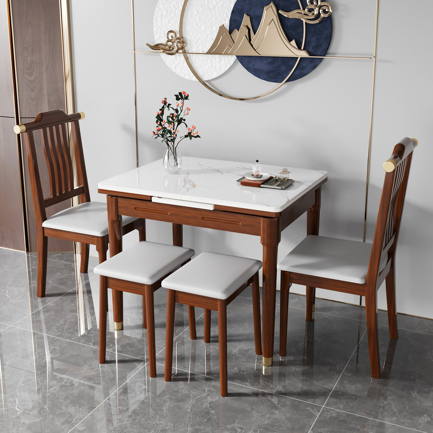 新中式岩板伸缩餐桌小户型折叠餐桌椅组合多功能实木长方形饭桌子,淘宝优惠券,粉丝福利购,淘宝优惠卷