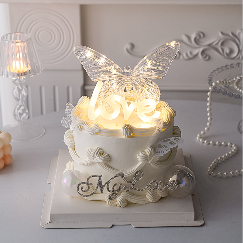 七夕情人节唯美蝴蝶发光灯蛋糕装饰女神生日情侣表白甜品love装扮